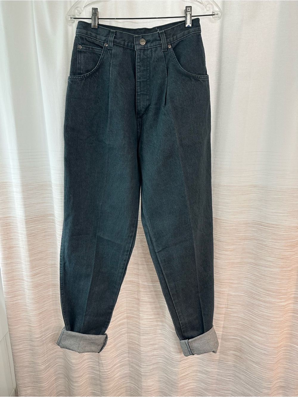 Vintage Lands End High-Waist Hunter Green Denim Pleated Tapered Jeans Size 10